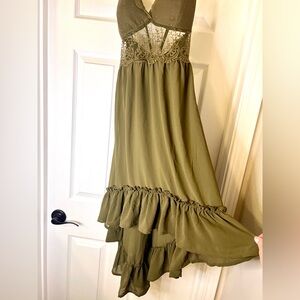 New Crochet Lace Trim Spaghetti Strap Dress - Olive Green Fairy Style w/ Ruffles